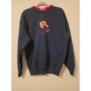 Vintage Dog Embroidered Sweatshirt Puppy Graphic Cozy Crewneck Navy Red Medium